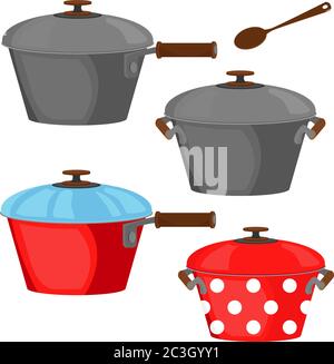 Un set di pentole da cucina. Illustrazione vettoriale sul tema delle attrezzature da cucina. Illustrazione Vettoriale