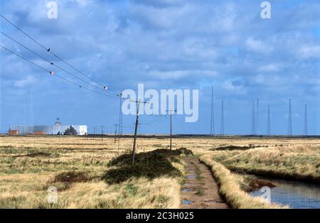 BBC World Service Transmitter Block and Ariels, Orfordness, Suffolk, Regno Unito. Foto Stock