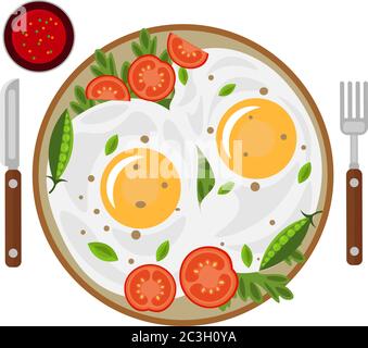 Uova fritte con pomodori ed erbe. Colazione uova strapazzate con illustrazione vettoriale verdure. Illustrazione Vettoriale