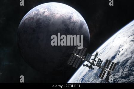 Stazione spaziale, pianeti da qualche parte in uno spazio profondo Foto Stock