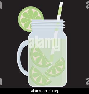 Bere il lime in un vaso di vetro con una cannuccia per bere. Illustrazione vettoriale sul tema dell'acqua detox. Illustrazione Vettoriale