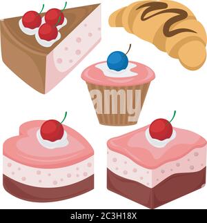 Set di torte, cheesecake e croissant. Illustrazione vettoriale sul tema della pasticceria. Illustrazione Vettoriale