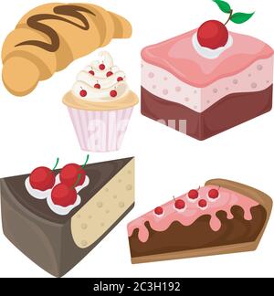 Set di torte, cheesecake e croissant. Illustrazione vettoriale sul tema della pasticceria. Illustrazione Vettoriale