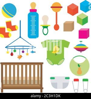 Set per bambini: Giocattoli, vestiti, pannolini, presepio con recinzione, cubetti. Vettore impostato su sfondo bianco isolato. Illustrazione Vettoriale