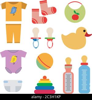 Set per bambini: Vestiti, giocattoli, capezzoli, palline, calze, pannolino. Illustrazione vettoriale delle cose dei bambini su uno sfondo bianco isolato. Illustrazione Vettoriale