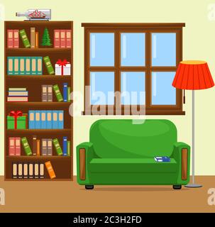 Illustrazione vettoriale con divano, libreria, finestra e lampada. L'interno del soggiorno. Illustrazione Vettoriale