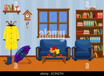 Camera autunnale con divano, poltrona, impermeabile, stivali e ombrello. Illustrazione vettoriale. Illustrazione Vettoriale