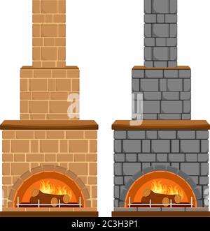 Camino in pietra e mattoni. Set di due caminetti immagine vettoriale. Illustrazione Vettoriale