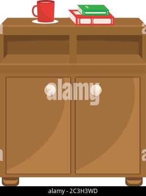 Comodino in legno con reparti e sezioni per le cose. Illustrazione vettoriale sul tema della mobilia domestica. Illustrazione Vettoriale