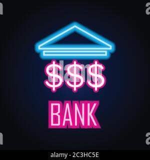 banca e cambiadischi con effetto al neon per ufficio bancario, illustrazione vettoriale Illustrazione Vettoriale