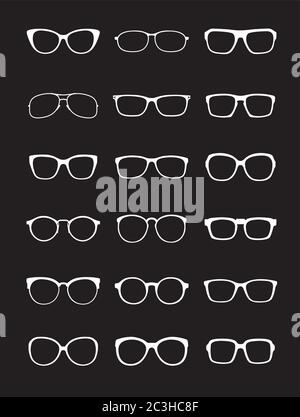 Icone di occhiali bianchi su sfondo nero, illustrazione del contorno. Illustrazione Vettoriale