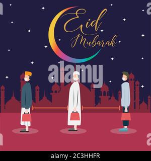 EID Mubarak, shopping e social distancing durante il poster pandemico coronavirus, illustrazione vettoriale Illustrazione Vettoriale