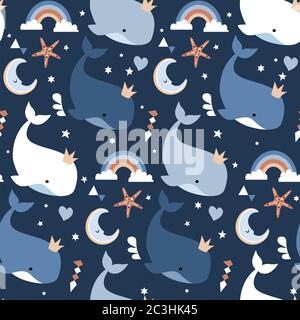 Modello infantile senza cuciture con balene. Tessuto creativo disegnato a mano per bambini per tessuti, involucri, tessuti, carta da parati, abbigliamento. Illustrazione vettoriale Illustrazione Vettoriale