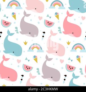 Modello infantile senza cuciture con balene. Tessuto creativo disegnato a mano per bambini per tessuti, involucri, tessuti, carta da parati, abbigliamento. Illustrazione vettoriale Illustrazione Vettoriale
