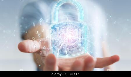Interfaccia di protezione per la sicurezza Web utilizzata da un uomo d'affari sul rendering 3D in background sfocato Foto Stock
