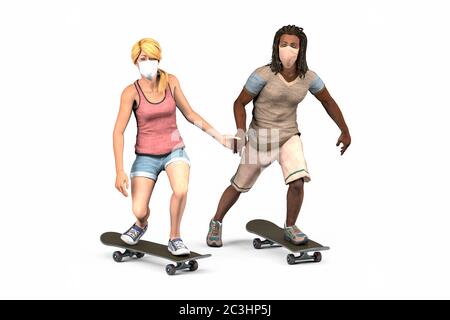 Donna bianca e uomo nero in dreadlock sono a cavallo skateboard in maschere protettive che tengono le mani - isolato su bianco - illustrazione 3d Foto Stock