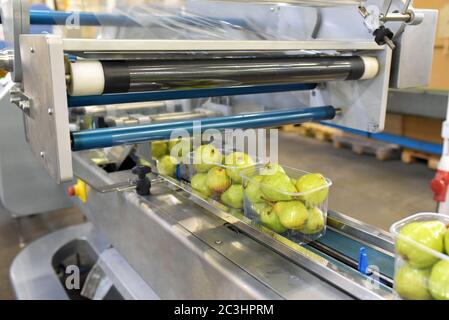 moderna macchina confezionatrice per pere fresche in una fabbrica per l'industria alimentare Foto Stock