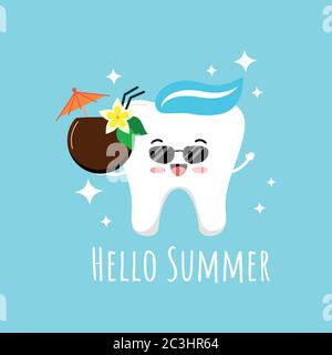 Simpatico emoji dente con occhiali da sole e cocktail hawaii cocco con ombrello e scintille. Illustrazione Vettoriale