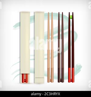 I bacchette in legno realistici impostano diversi tipi e colori. Chopstick di sushi giapponese, cinese, cibo asiatico. Illustrazione del vettore dell'utensil pranzo. Illustrazione Vettoriale