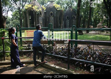 Indonesia. 20 Giugno 2020. I visitatori indossano maschere al Ragunan Wildlife Park, Giacarta, sabato 20 giugno 2020. Nella terza settimana della fase di apertura della prima fase della nuova normale o transitoria delle restrizioni sociali su larga scala (PSBB), sono state riaperte numerose aree ricreative e giardini zoologici nella capitale Giacarta. Ma il Ragunan Wildlife Park limita il numero di visitatori a 1000 persone al giorno, con l'attuazione di rigorosi protocolli di salute. (Foto di Kuncoro Widyo Rumpoko/Pacific Press) Credit: Pacific Press Agency/Alamy Live News Foto Stock