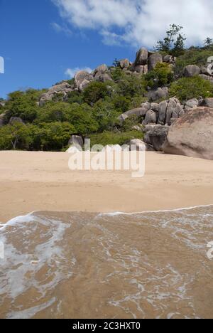 Vista mare-spiaggia con pini Hoop e massi di granito a Radical Bay, tipico di Magnetic Island, Queensland, Australia Foto Stock