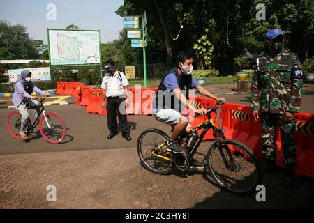 I visitatori indossano maschere al Ragunan Wildlife Park, Jakarta, Indonesia sabato 20 giugno 2020. Il Ragunan Wildlife Park è stato riaperto per i visitatori nella terza settimana della fase di apertura della prima fase della transizione alle nuove restrizioni normali o sociali su larga scala (PSBB). Ma il Ragunan Wildlife Park limita il numero di visitatori a 1000 persone al giorno, con l'attuazione di rigorosi protocolli di salute. Come richiesto dalla registrazione online, i bambini sotto i 9 anni, le donne incinte e gli anziani sopra i 60 anni non sono autorizzati ad entrare, i visitatori sono anche tenuti a utilizzare e portare la propria maschera An Foto Stock