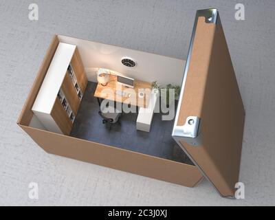 Spazio interno per ufficio in una scatola di cartone. Illustrazione concettuale. Rendering 3D. Foto Stock