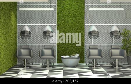 Barbiere di design degli interni. Salone di bellezza in stile loft con muschio sulle pareti in cemento. Rendering 3D. Foto Stock