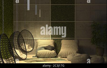 Area ricreativa all'interno di un edificio pubblico. Camera in stile loft con altalene, soffici, cuscini e mobili imbottiti. Rendering 3D. Foto Stock