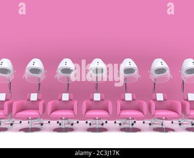 Asciugacapelli simili a stativo con poltrone all'interno di un salone di bellezza in colori rosa pastello. Design interno professionale femminile. Rendering 3D ill. (ILL. Rendering Foto Stock