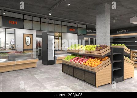 Visualizzazione 3D dell'interno del negozio di alimentari. Design in stile loft. Foto Stock