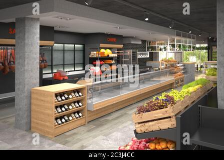 Visualizzazione 3D dell'interno del negozio di alimentari. Design in stile loft. Foto Stock