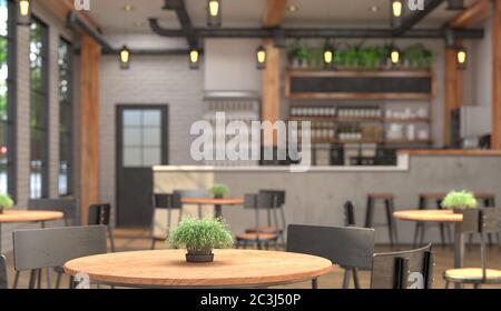 Interno di un cafe con un banco bar. Sfondo sfocato e superficie della tabella in primo piano. Rendering 3D. Foto Stock