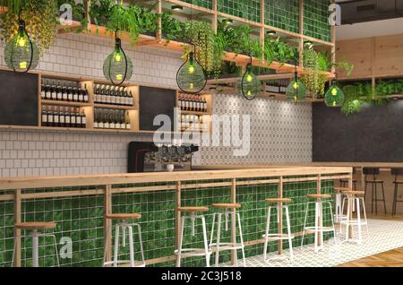 Design moderno del bar in stile loft con colori verdi. Visualizzazione 3D dell'interno di un bar con bancone. Sfondo sfocato con dep Foto Stock