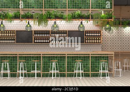 Design moderno del bar in stile loft con colori verdi. Visualizzazione 3D dell'interno di un bar con bancone. Sfondo sfocato con dep Foto Stock