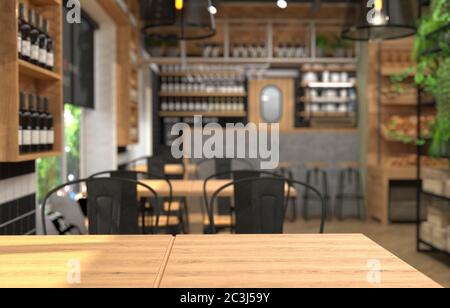 Interno di un cafe con un banco bar. Sfondo sfocato e superficie della tabella in primo piano. Rendering 3D con profondità di campo. Foto Stock