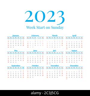 2023 Calendario con le settimane iniziano la domenica Illustrazione Vettoriale