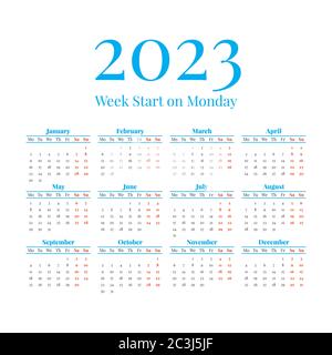 2023 Calendario con le settimane inizia lunedì Illustrazione Vettoriale