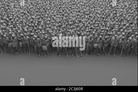 Folla grigia senza volto di persone su sfondo grigio. Gruppo di persone sbiancate di grandi dimensioni a colori monocromatiche. Rendering 3D con spazio di copia. Vista ad angolo alto Foto Stock