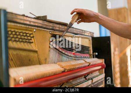 Processo di sintonizzazione del pianoforte. Primo piano della mano e strumenti di sintonizzazione che lavorano al pianoforte a coda. Vista dettagliata di piano verticale durante una sintonizzazione Foto Stock