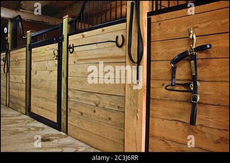 Fattoria di cavalli stabile interno capannone con porte in legno. Foto Stock