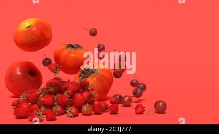 Banner con frutti rossi su sfondo rosso con spazio libero per il testo. Composizione di mele, fragole, ciliegie e persimmoni che cadono. Rendering 3D Foto Stock