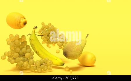 Banner con frutti gialli su sfondo giallo con spazio libero per il testo. Composizione di grappoli di uve, banane, pere e limoni che cadono. 3 Foto Stock