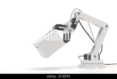 Robot industriale isolato su sfondo bianco. La mano robotica contiene una scatola bianca vuota. Immagine concettuale creativa di intelligenza artificiale con copia Foto Stock