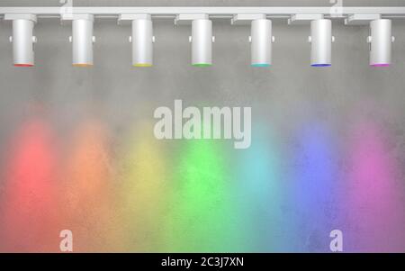 Sette faretti brillano sulla parete con colori colorati di colore arcobaleno chiaro. Illustrazione concettuale creativa con spazio di copia. Rendering 3D. Foto Stock
