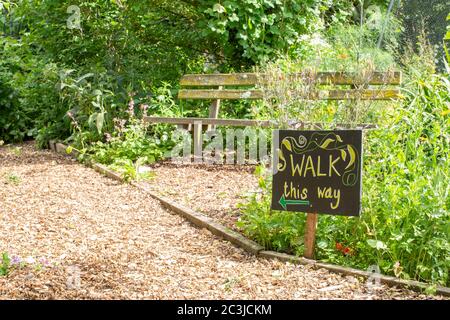 Brockwell Park, Londra, Inghilterra. 20 giugno 2020. Un cartello Walk this Way presso il Brockwell Park Community Garden vicino a Brixton e Herne Hill a South London. (Foto di Sam Mellish / Alamy Live News) Foto Stock