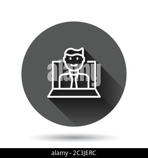 Persone con icona computer portatile in stile piatto. Immagine vettoriale dell'utente del PC su sfondo nero rotondo con effetto di ombra lungo. Cerchio di Office manager b Illustrazione Vettoriale