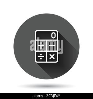 Icona della calcolatrice in stile piatto. Calcolare l'illustrazione vettoriale su sfondo nero rotondo con effetto di ombra lungo. Pulsante cerchio calcolo con business Illustrazione Vettoriale