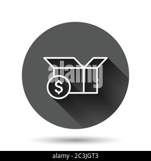 Scatola di spedizione con icona del dollaro in stile piatto. Illustrazione vettoriale contenitore su sfondo nero rotondo con effetto di ombra lungo. Confezione circolare di cartone Illustrazione Vettoriale