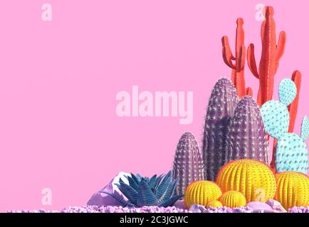Composizione decorativa di gruppi di diverse specie di cactus multicolore su sfondo rosa. Arte contemporanea Сopy spazio. Rendering 3D. Foto Stock